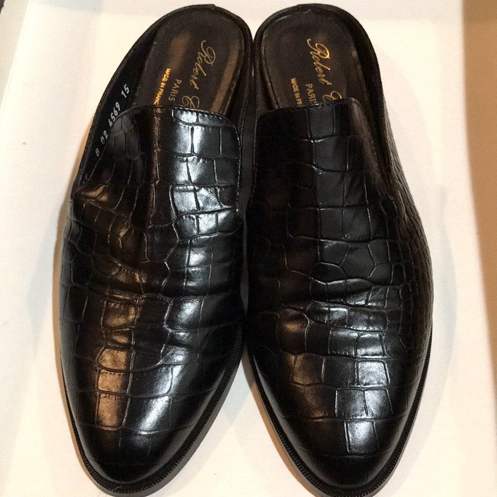 Robert Clergerie Black Croc Embossed Mules Size 36 NEW